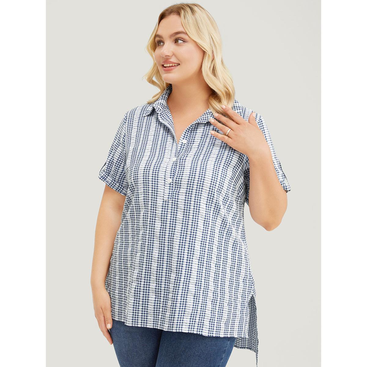 Plus Size Stone Plaid Shirt Collar Button Up Cuffed Sleeve Split Blouse Women Office Short sleeve Shirt collar Work Blouses BloomChic 28/5X Product Image