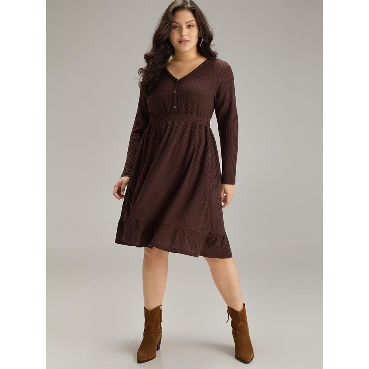 Plus Size Waffle Knit Button Up Elastic Waist Dress DarkBrown Women Casual Plain V-neck Long Sleeve Curvy Knee Dress BloomChic 28/5X Product Image