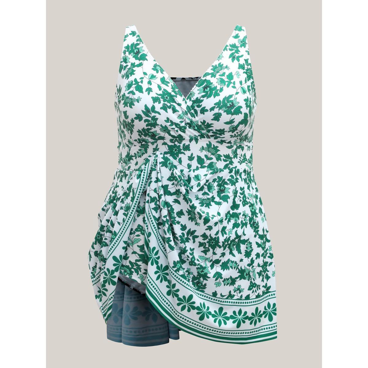 Plus Size Anti-Float Tie Floral Swim Dress Women's Swimwear DarkGreen Beach Bodycon Overlap Collar High stretch Curve Swim Dresses BloomChic 30/6X Product Image