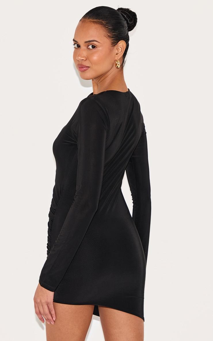 Black Double Layer Slinky Ruched Long Sleeve Mini Dress Product Image