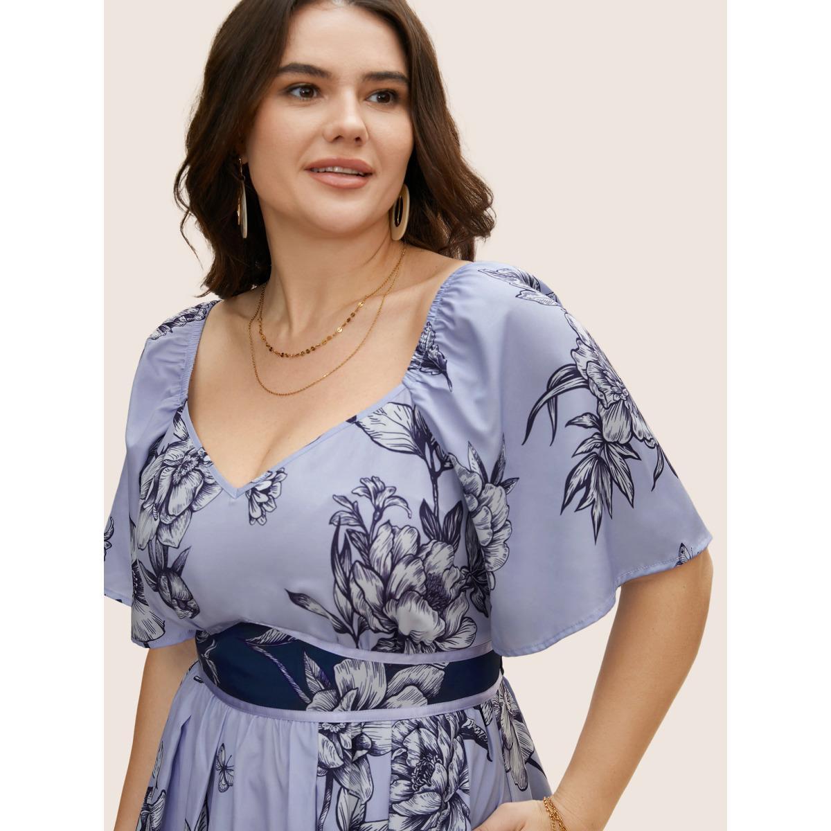 Plus Size Boho Print Heart Neckline Ruffle Sleeve Maxi Dress Mediumblue Women Elegant Woven ribbon&lace trim Square Neck Short sleeve Curvy BloomChic 28/5X Product Image