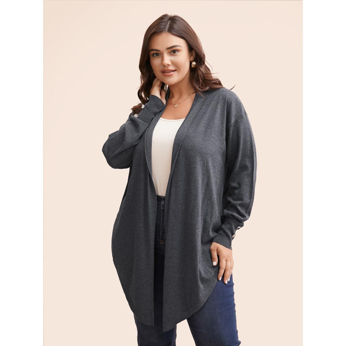 Plus Size Kimono Collar Button Detail Asymmetrical Hem Cardigan DimGray Women Casual Loose Long Sleeve Everyday Cardigans BloomChic 18-20/2X Product Image