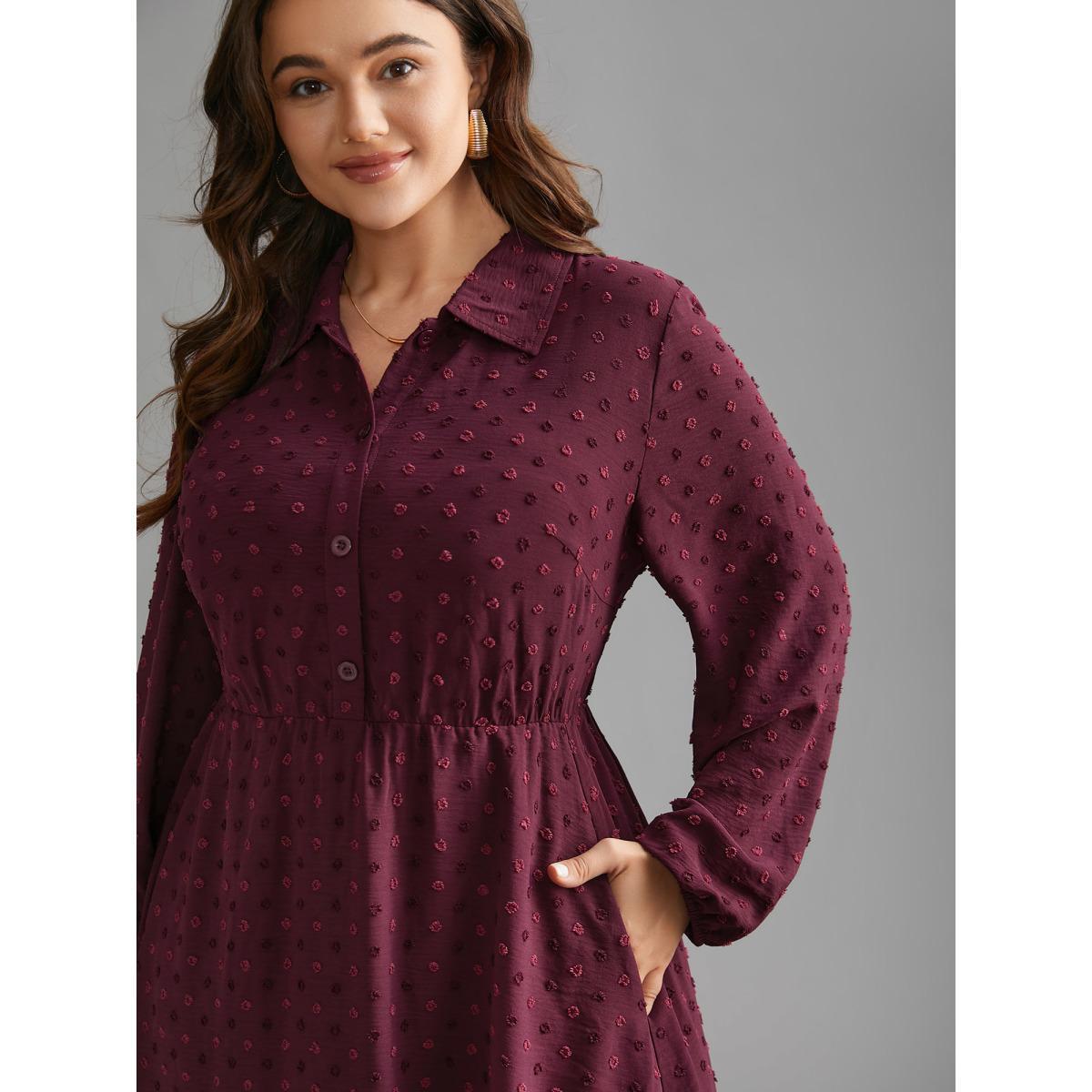 Plus Size Textured Shirt Collar Button Front Midi Dress Burgundy Women Elegant Texture Shirt collar Long Sleeve Curvy BloomChic 28/5X Product Image