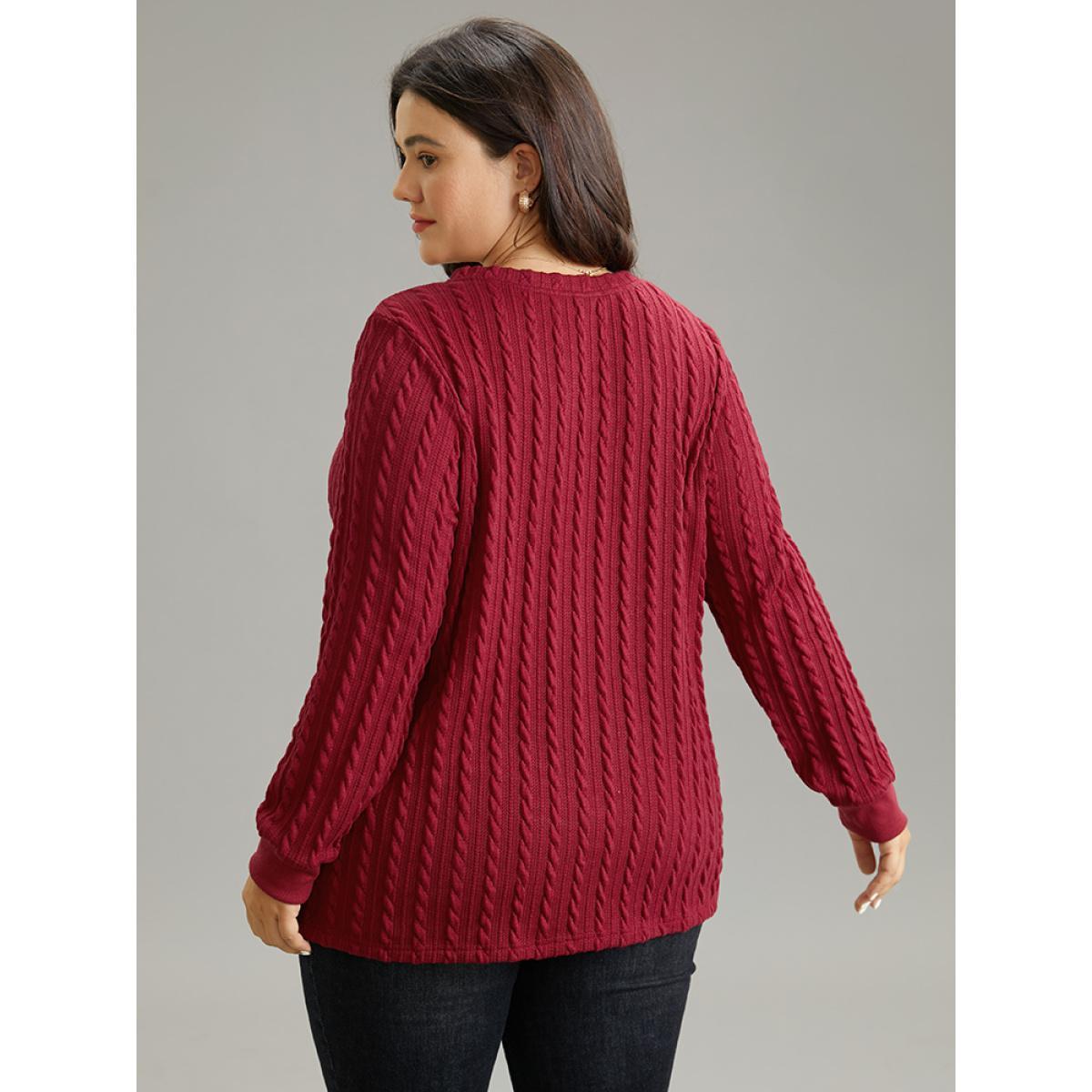Plus Size Rib Knit Plain Elastic Cuffs Sweatshirt Women Scarlet Elegant Rib Knit V-neck Dailywear Sweatshirts BloomChic 14-16/1X Product Image