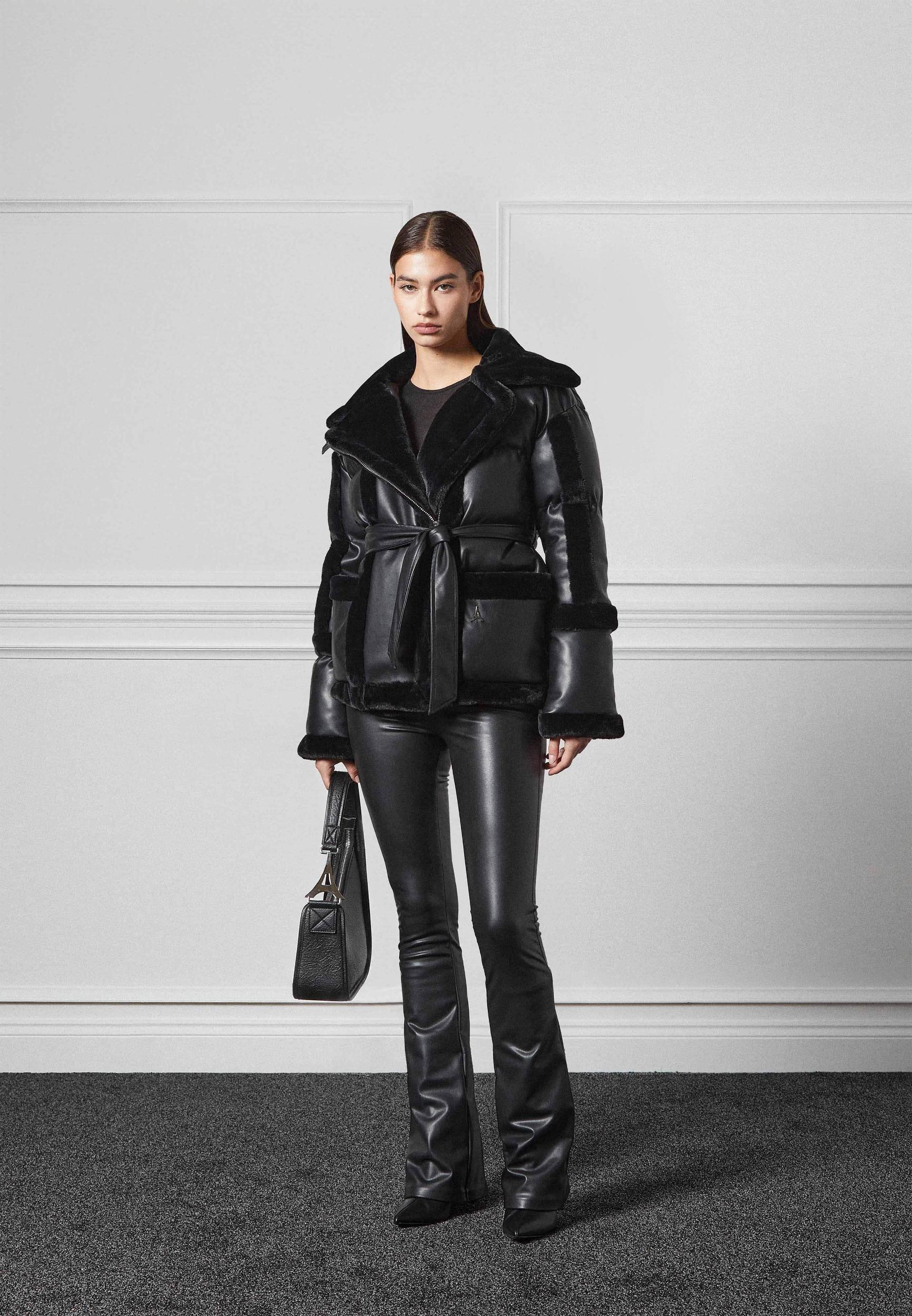 Leather and Plush Puffer Biker Jacket - Black Female Product Image