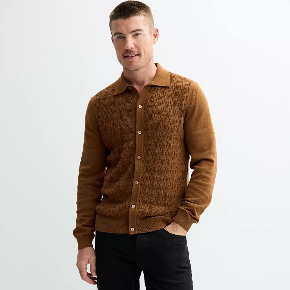 Men's Apt. 9® Long Sleeve Button-Up Cable Knit Design Sweater Polo, Size: XXL, Medium Brown Product Image