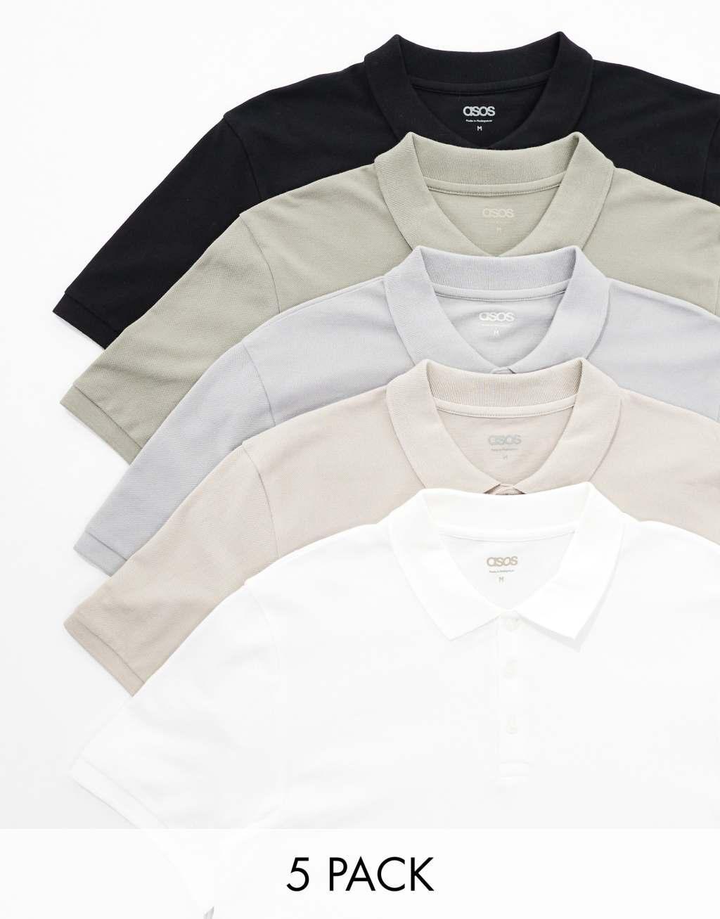 ASOS DESIGN 5 pack pique polos in multiple colors Product Image
