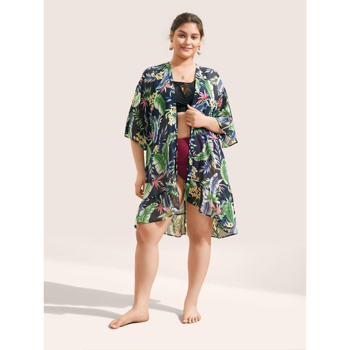 Plus Size Chiffon Plants Print Ties Front Kimono Women Indigo Resort See through Vacation Kimonos BloomChic 22-24/3X Product Image