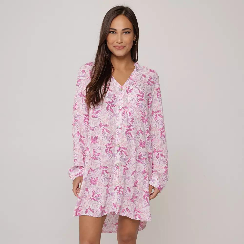 Women's J. Valdi Floral V-Neck Button Down Swim Cover-Up Shirt, Size: Medium, Pink Product Image