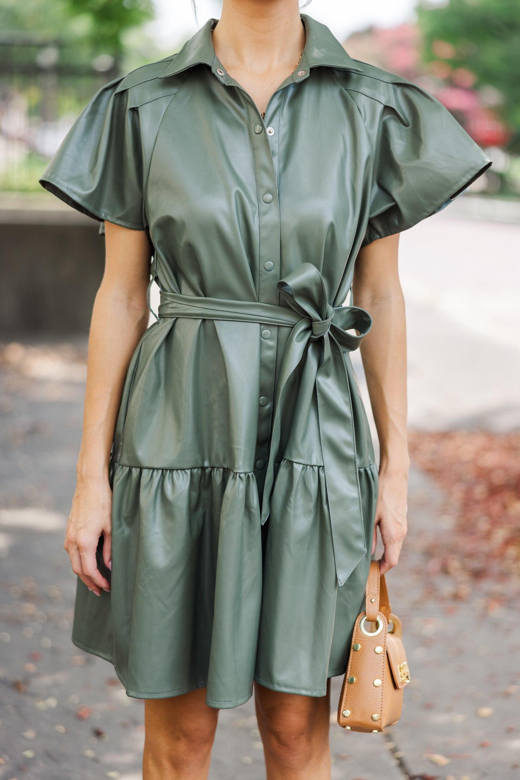 Look Of Love Olive Green Faux Leather Dress Female Product Image