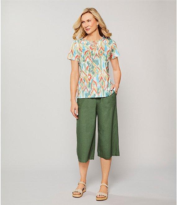 Allison Daley Petite Size Natural Ikat Print Short Sleeve Criss-Cross Keyhole Neck Short Sleeve Jersey Knit Top Product Image