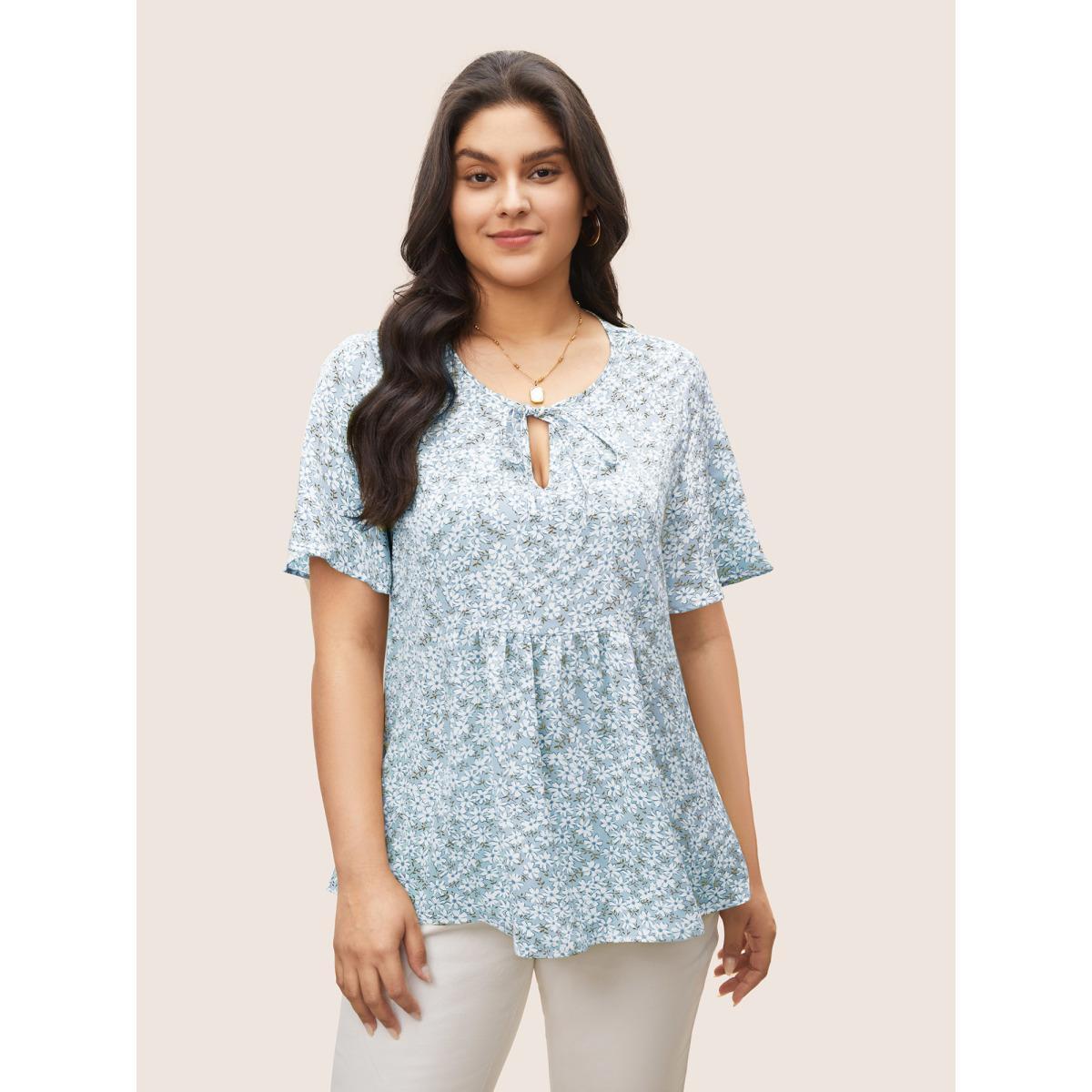 Plus Size LightBlue Ditsy Floral Ruffle Sleeve Gathered Ties Blouse Women Elegant Short sleeve Ribbon-tied collar Everyday Blouses BloomChic 30/6X Product Image
