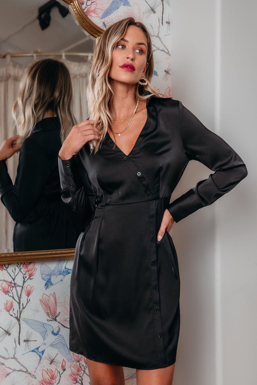 Black V Neck Satin Mini Dress - FINAL SALE Product Image