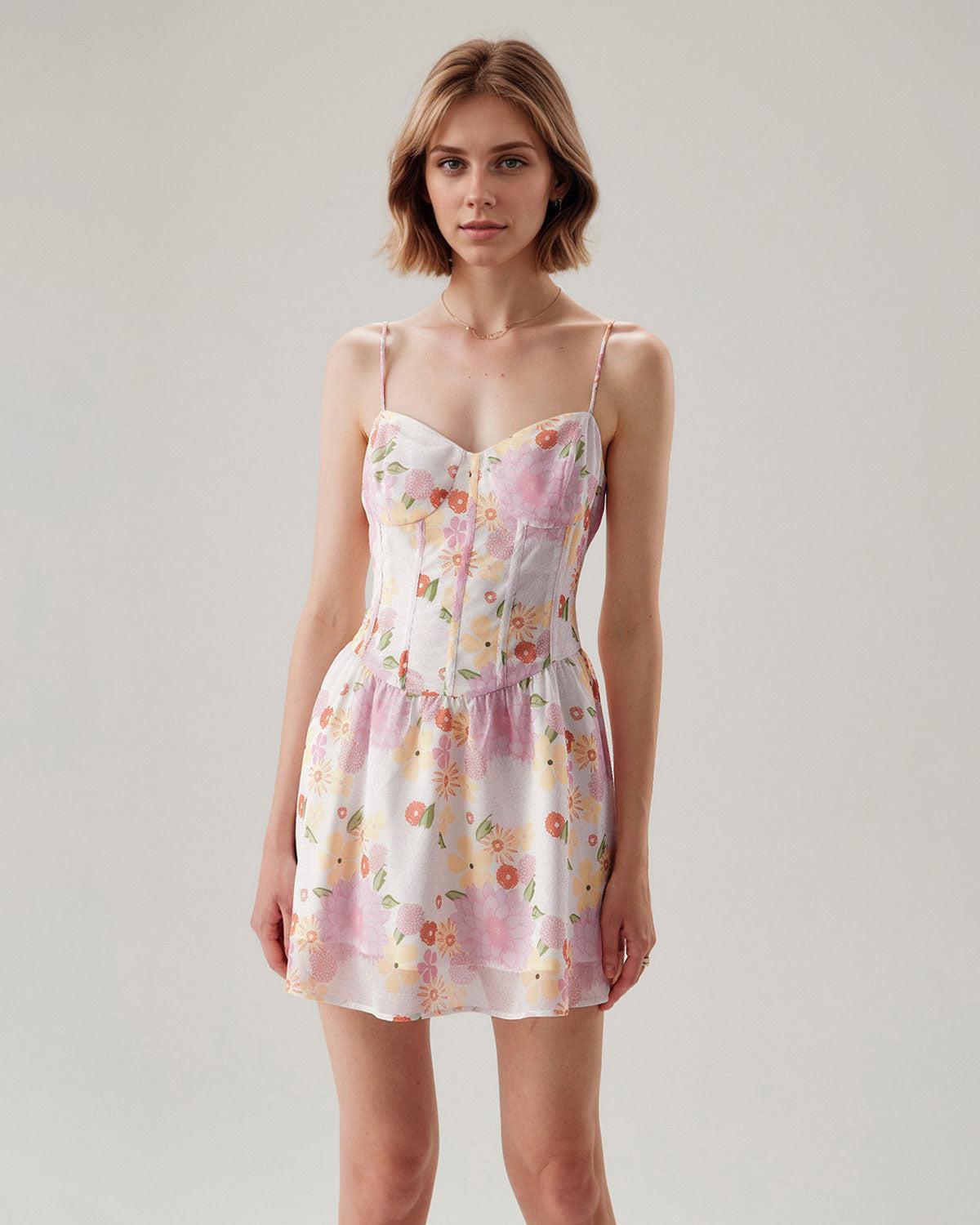Pink Floral Sweetheart Neck Slip Mini Dress Product Image