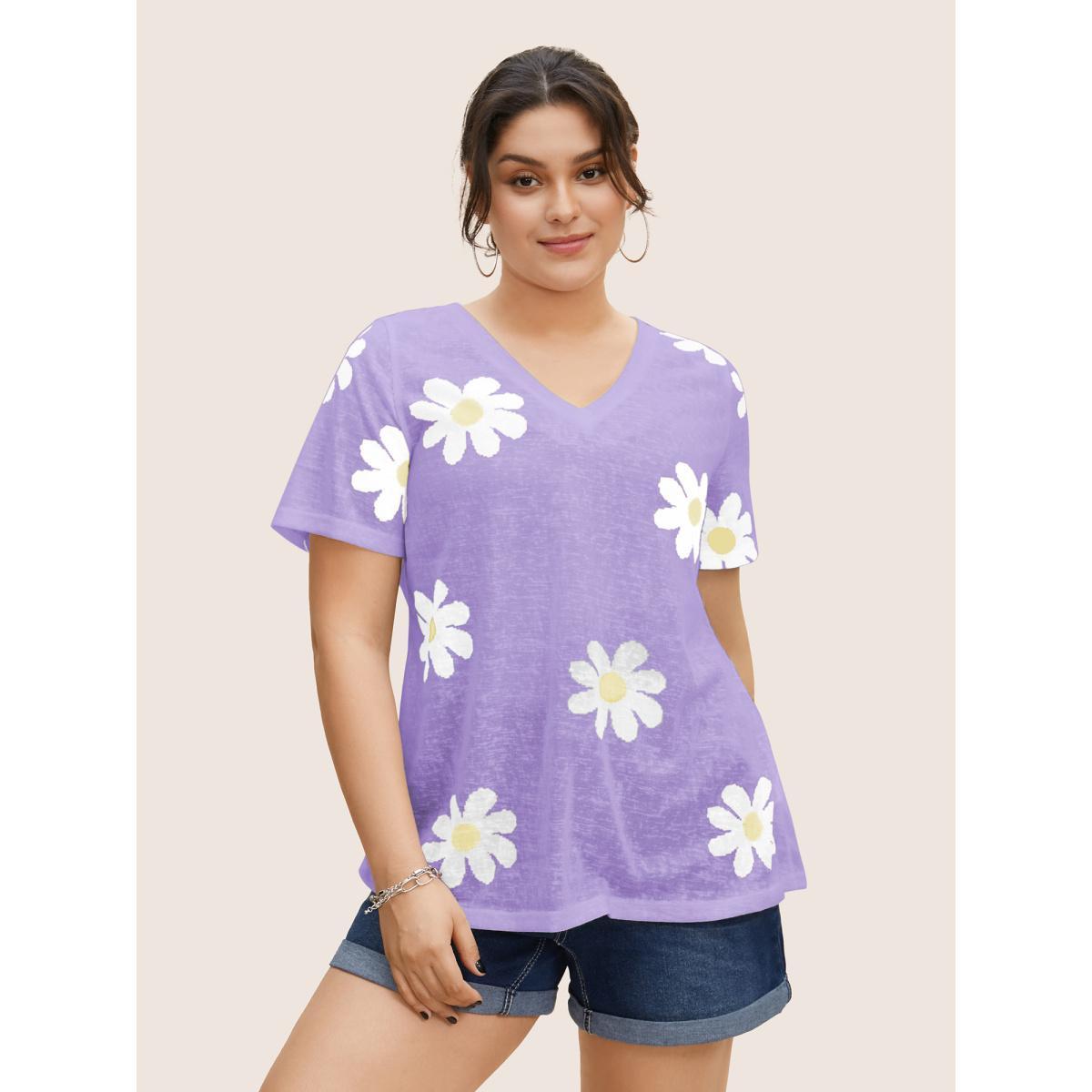 Plus Size Colored Floral V Neck See Through T-shirt Lilac Women Casual See through Art&design V-neck Everyday T-shirts BloomChic 14-16/1X Product Image