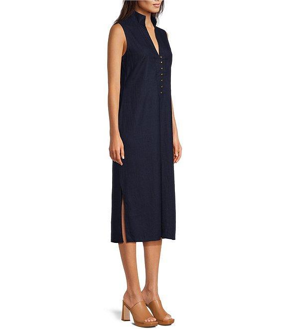 SAIL to SABLE Linen Blend Stand Collar Button Front Detail Sleeveless Side Slit Midi Shirt Dress Product Image