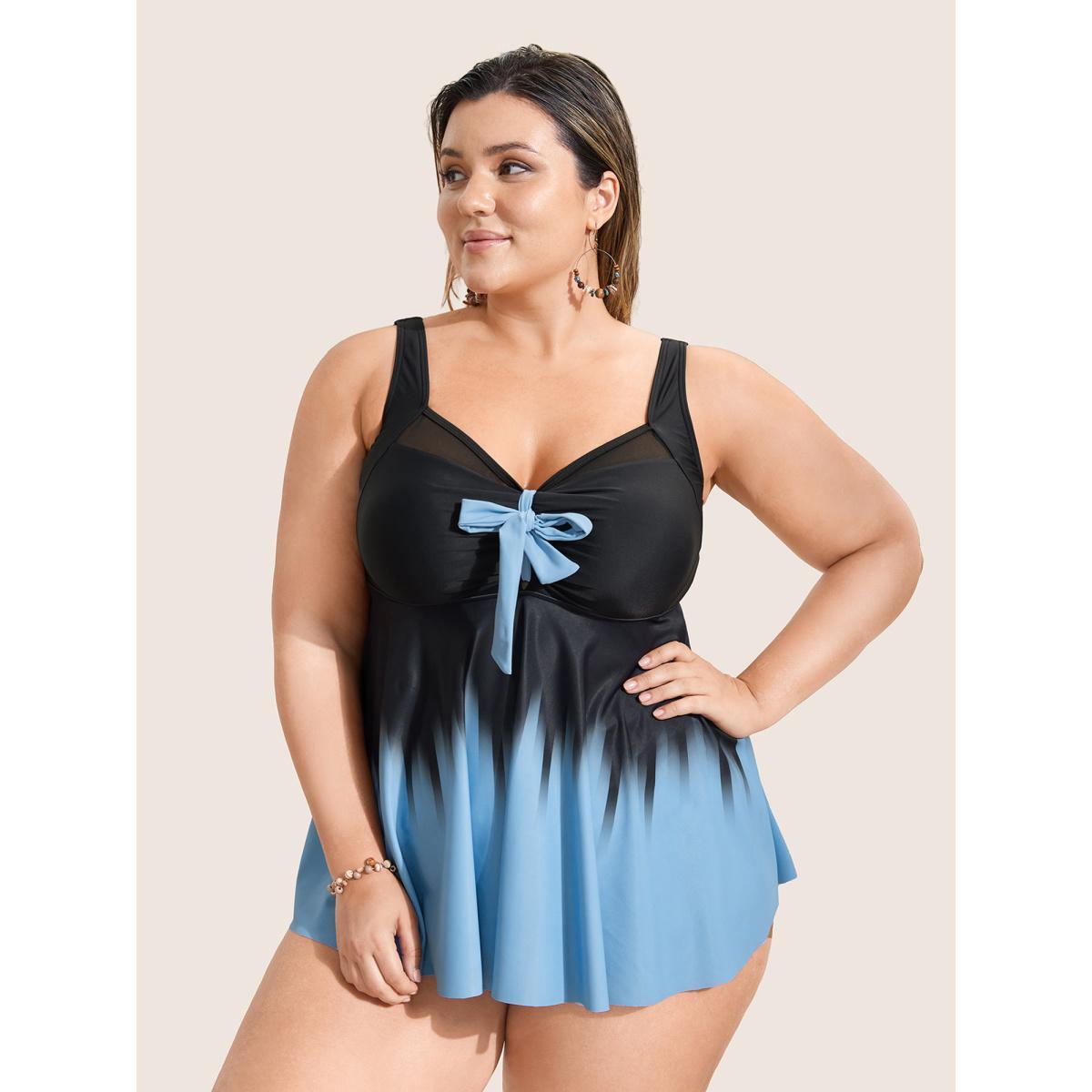 Plus Size Ombre Bowknot Ruched Mesh Patchwork Swim Top Women's Swimwear Black Beach Tie knot High stretch Bodycon Heart neckline Curve Swim Tops BloomChic 18-20/2X Product Image