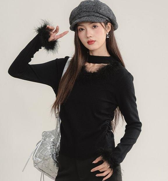 Long-Sleeve Crewneck Furry Trim Plain Knit Top Product Image