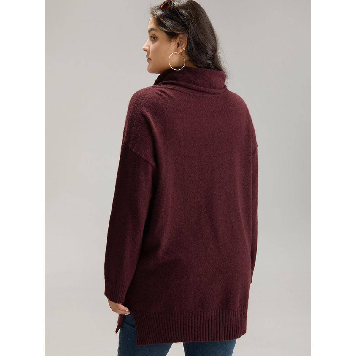 Plus Size Anti-Pilling Split Side Turtle Neck Pullover Burgundy Women Casual Loose Long Sleeve Lapel Collar Everyday Pullovers BloomChic 30/6X Product Image