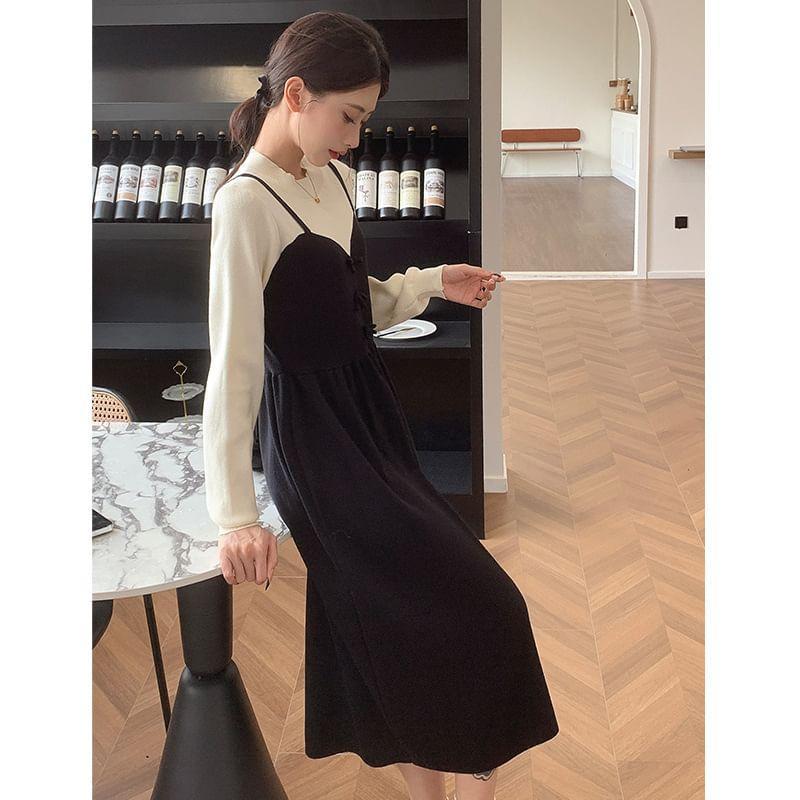Maternity Long-Sleeve Mock Neck Two Tone Bow Mock Two-Piece Knit Midi A-Line Dress Product Image