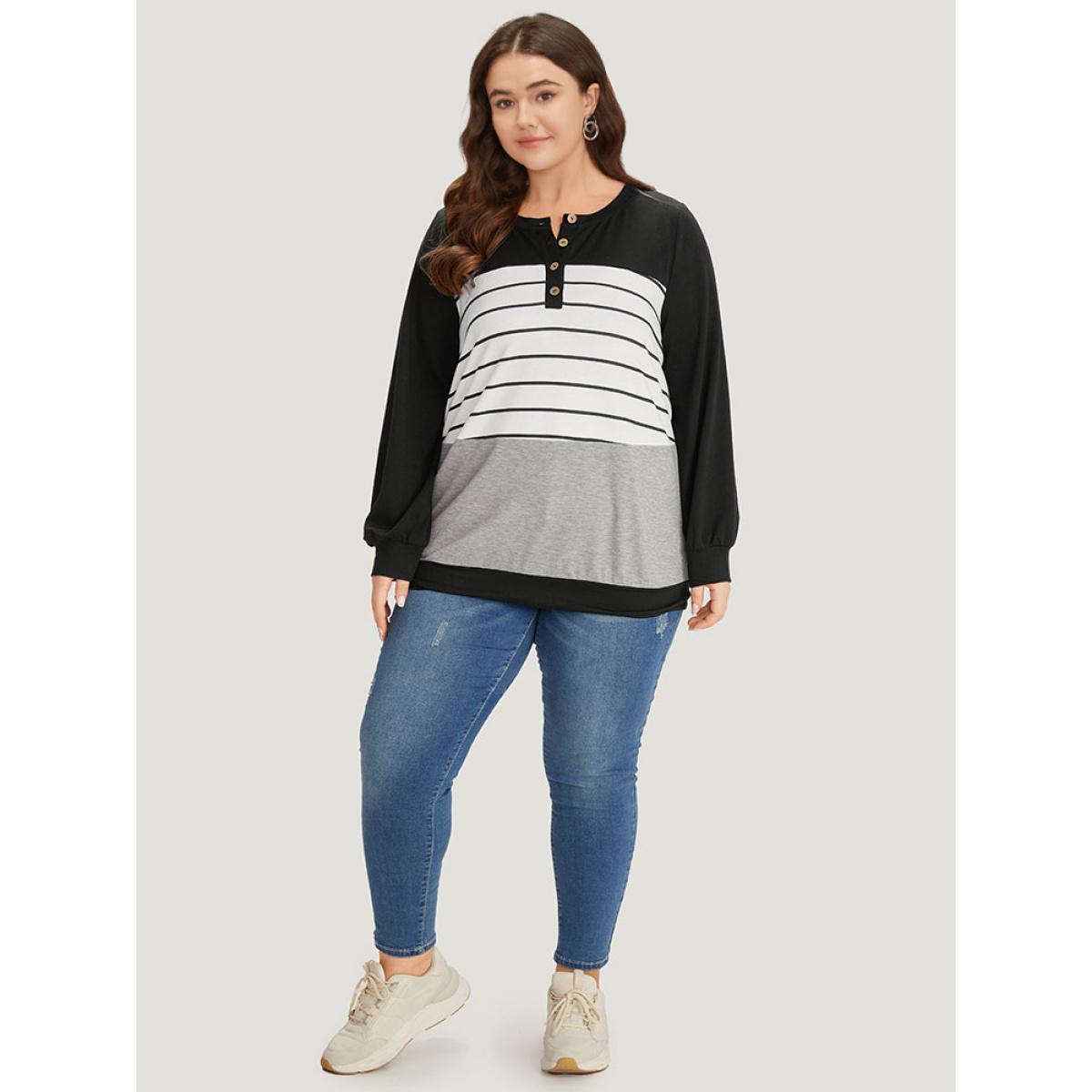 Plus Size Striped Contrast Button Up Elastic cuffs Sweatshirt Women Multicolor Casual Elastic cuffs Open Front Dailywear Sweatshirts BloomChic 12/L Product Image