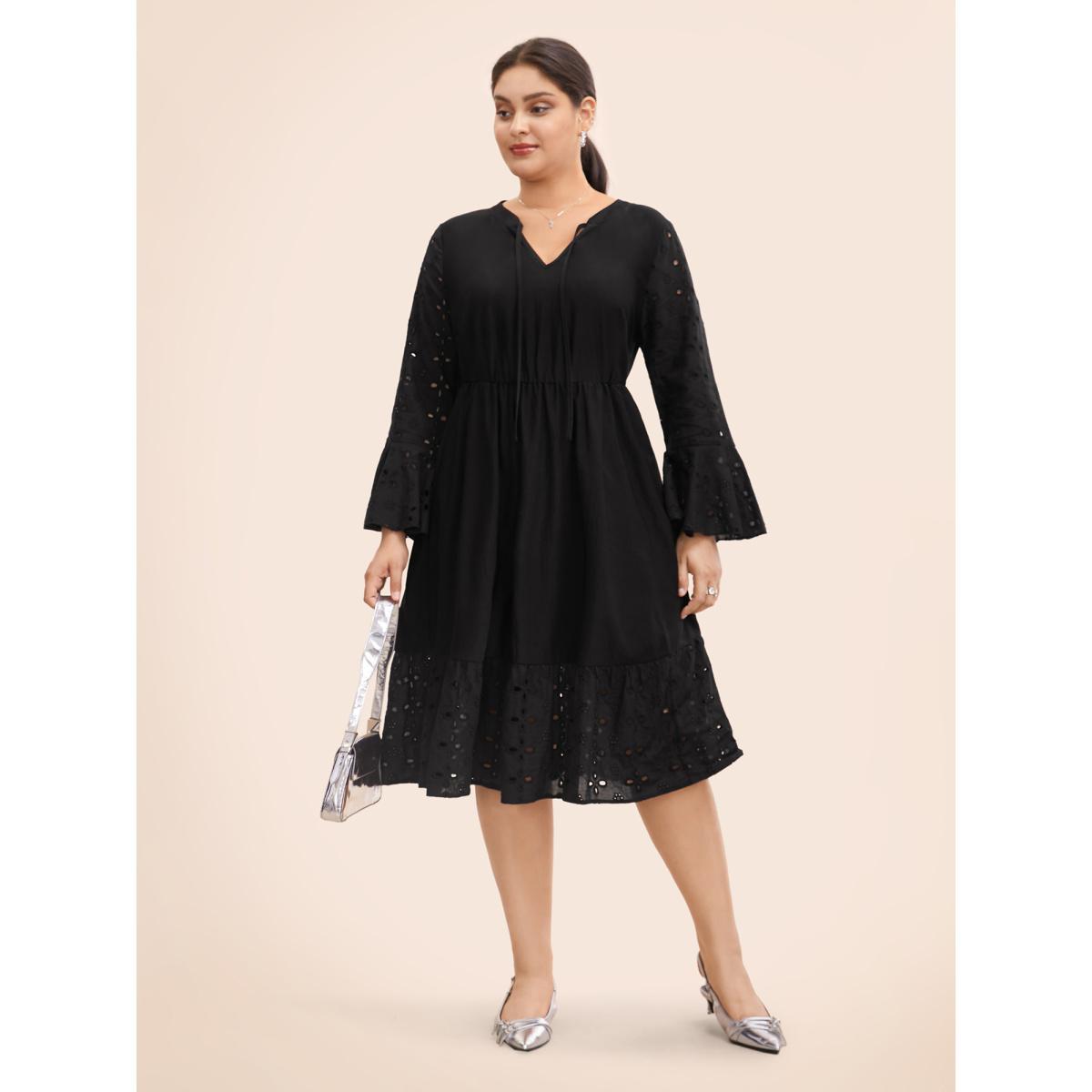 Plus Size Embroidered Flare Cuffs Midi Dress Black Women Resort Woven ribbon&lace trim Notched collar Long Sleeve Curvy BloomChic 12/L Product Image