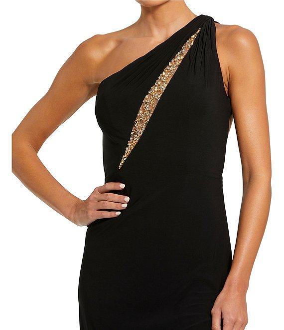 Mac Duggal One Shoulder Beaded Inset Cut Out Back Jersey Column Gown Product Image