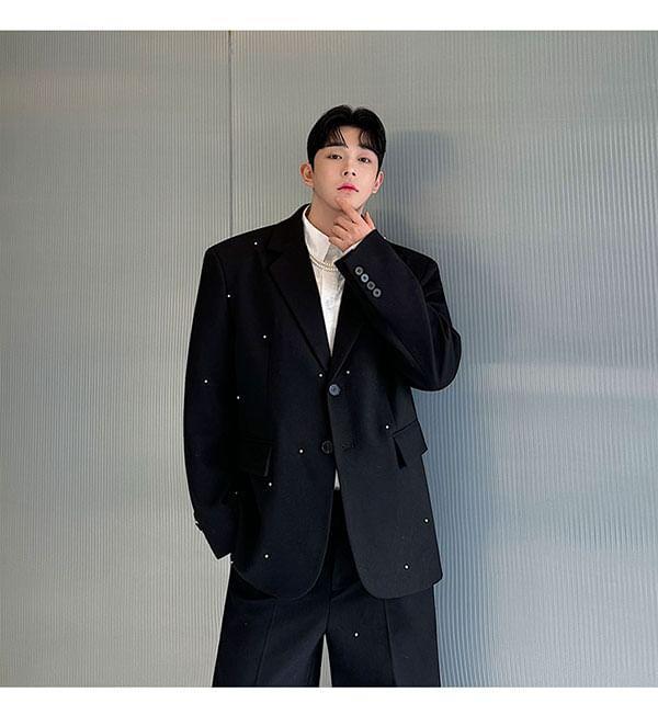 Set: Lapel Collar Single Breasted Blazer + Mid Rise Plain Wide Leg Dress Pants Product Image