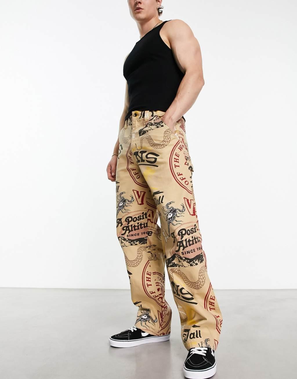Vans loose carpenter canvas all over print pants in beige Product Image