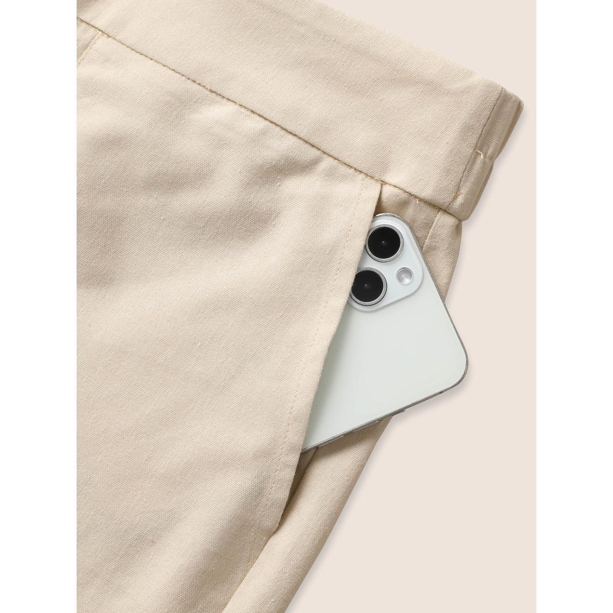 Plus Size Cotton Linen Solid Mid Rise Wide Leg Pants Women Beige Casual Wide Leg Mid Rise Everyday Pants BloomChic 30/6X Product Image