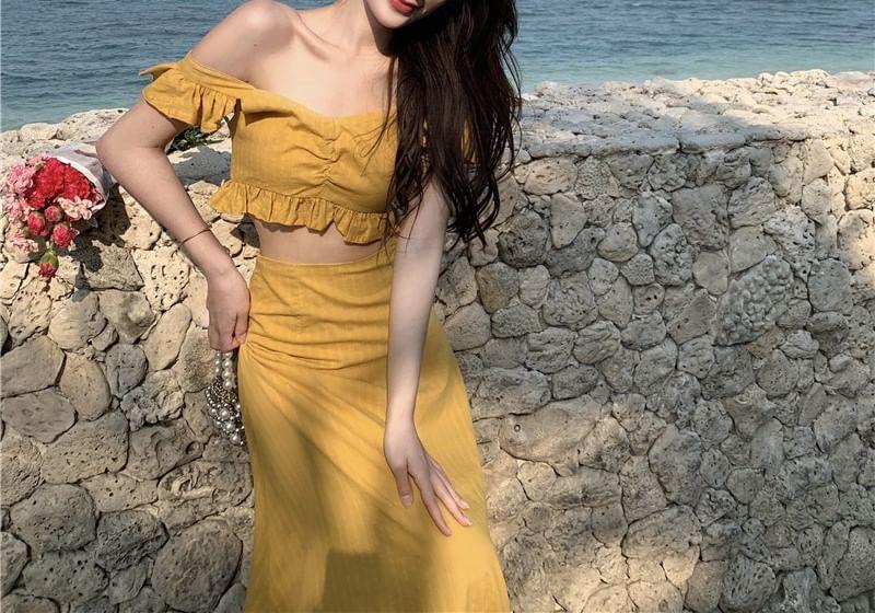 Set: Plain Ruffle Crop Camisole Top + High Waist Maxi A-Line Skirt Product Image