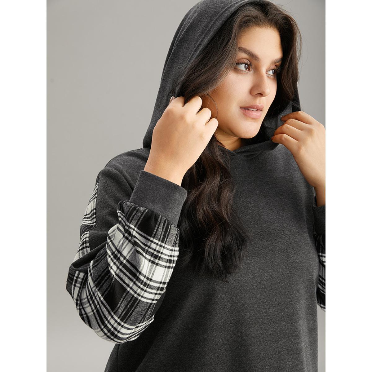 Plus Size Plaid Hem Patchwork Hooded Sweatshirt Women DimGray Casual Contrast Hooded Dailywear Sweatshirts BloomChic 30/6X Product Image