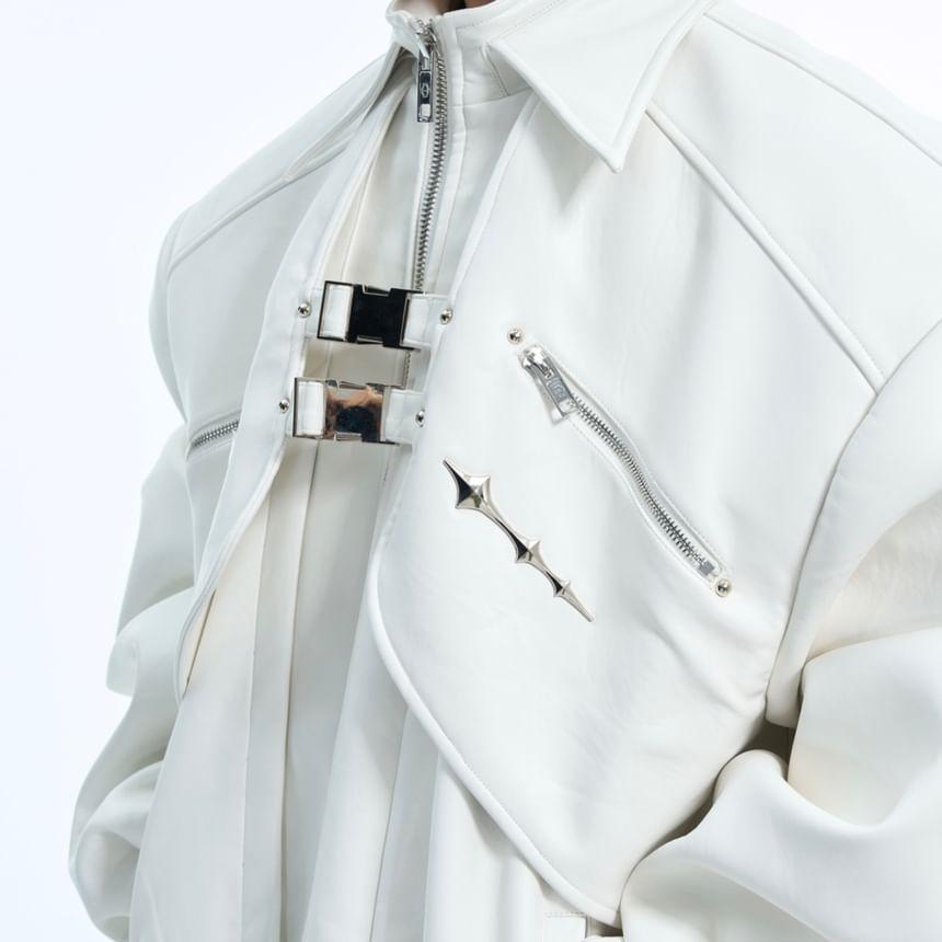Collar Plain Buckled Faux Leather Zip Jacket Product Image