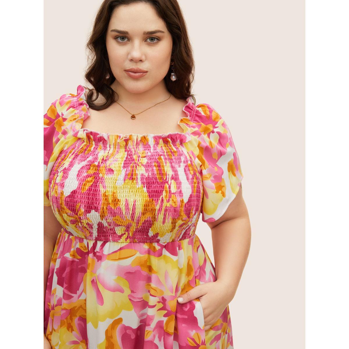 Plus Size Floral Square Neck Shirred Frill Trim Midi Dress Peach Women Elegant Frill Trim Square Neck Short sleeve Curvy BloomChic 22-24/3X Product Image