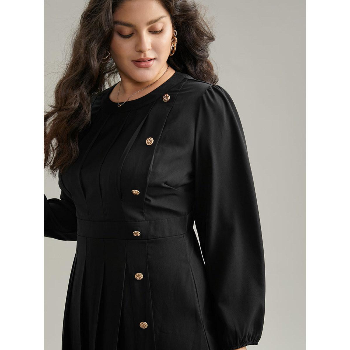 Plus Size Static-Free Metal Detail Plicated Detail Dress Black Women Office Elastic cuffs Round Neck Long Sleeve Curvy Midi Dress BloomChic 14-16/1X Product Image