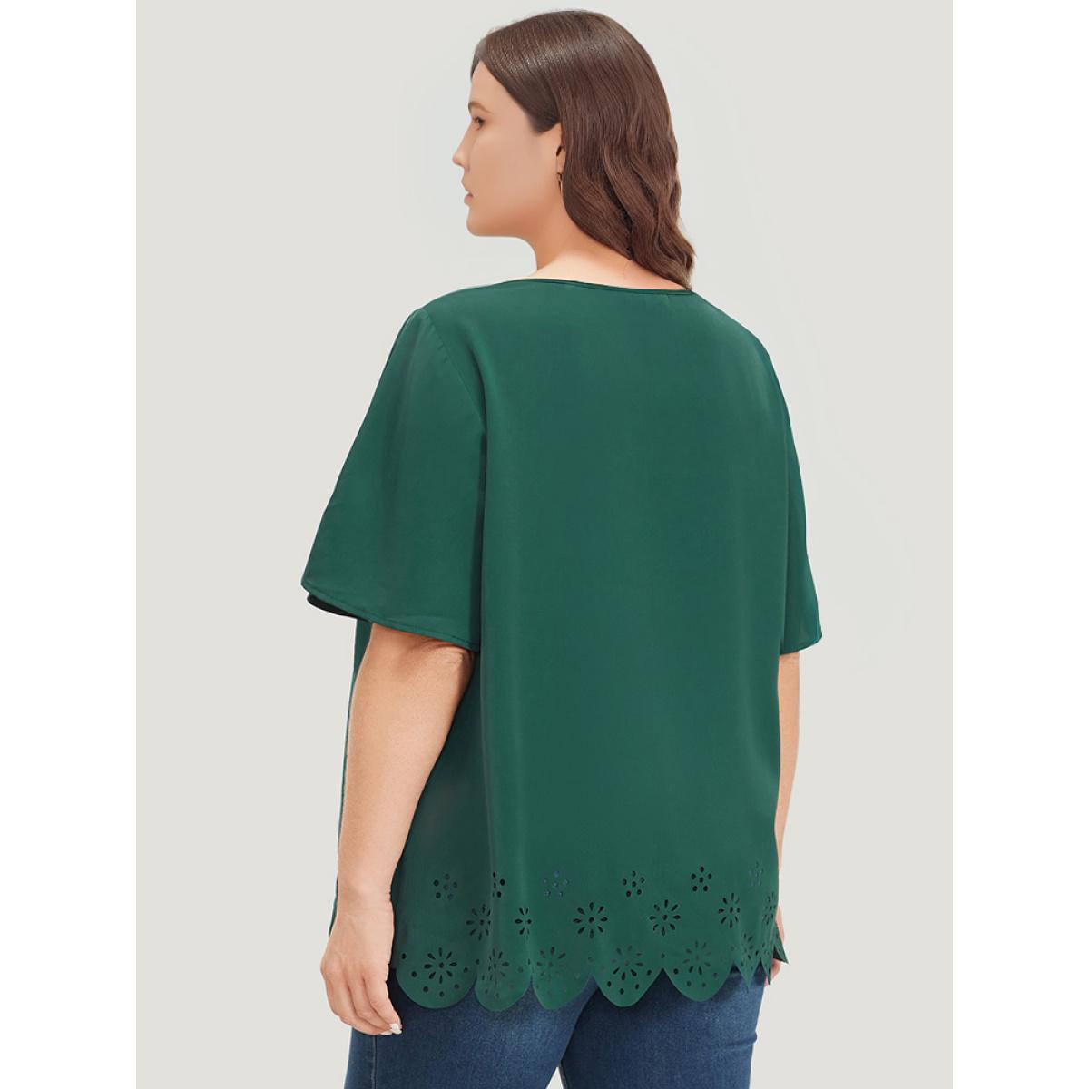 Plus Size DarkGreen Solid Scalloped Trim Laser Cut Ruffle Sleeve Blouse Women Elegant Short sleeve V-neck Dailywear Blouses BloomChic 12/L Product Image