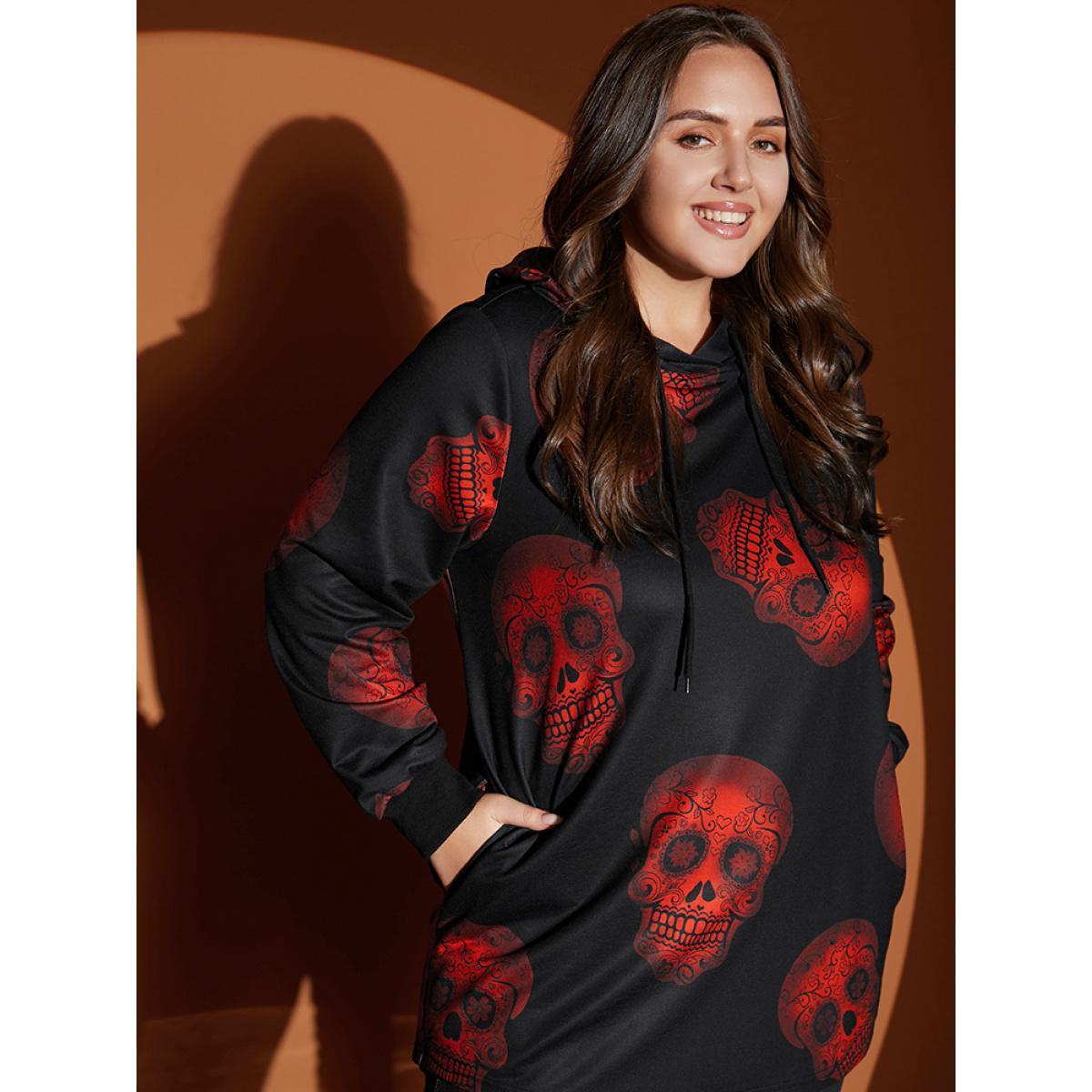 Plus Size Halloween Skull Print Pocket Drawstring Hooded Sweatshirt Women Black Casual Pocket Hooded Dailywear Sweatshirts BloomChic 30/6X Product Image