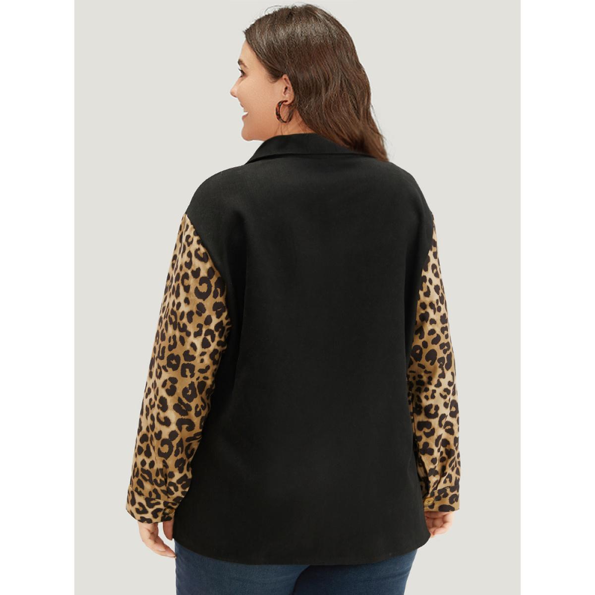 Plus Size Leopard Patchwork Contrast Button Up Coat Women Black Contrast Pocket Dailywear Jackets BloomChic 14-16/1X Product Image