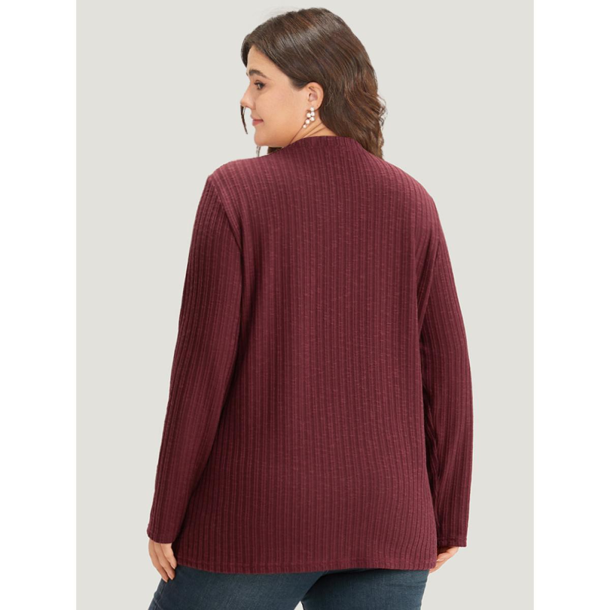 Plus Size Rib Knit Button Detail Split Side T-shirt ArmyGreen Women Casual Texture Plain Round Neck Dailywear T-shirts BloomChic 30/6X Product Image