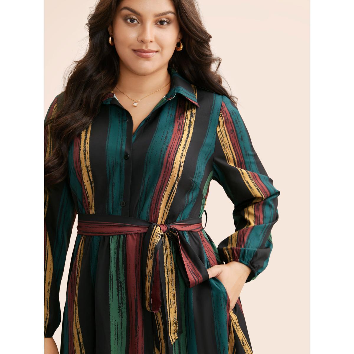 Plus Size Colored Striped Belted Lantern Sleeve Dress Multicolor Women At the Office Belted Knit Dresses Bloomchic 18-20/2X Product Image