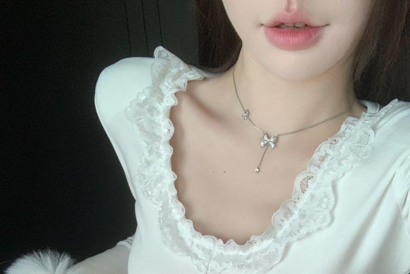Long Sleeve Fluffy Cuff Scoop Neck Plain Panel Lace Top Product Image
