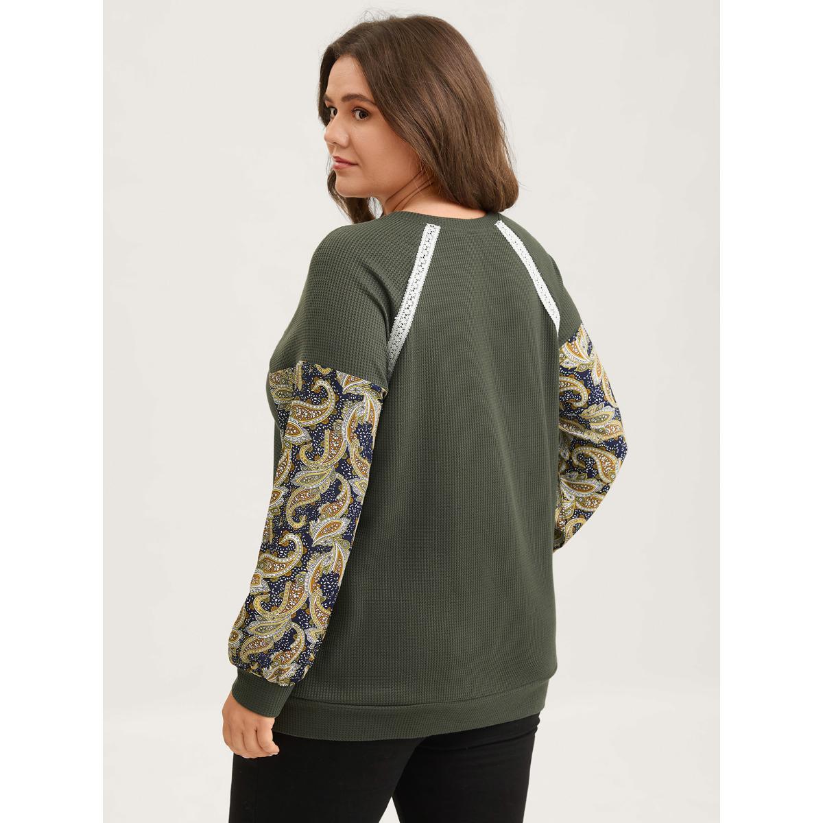 Plus Size Paisley Sleeve Textured Contrast Sweatshirt Women ArmyGreen Woven ribbon&lace trim Round Neck Everyday-Casual Sweatshirts BloomChic 12/L Product Image