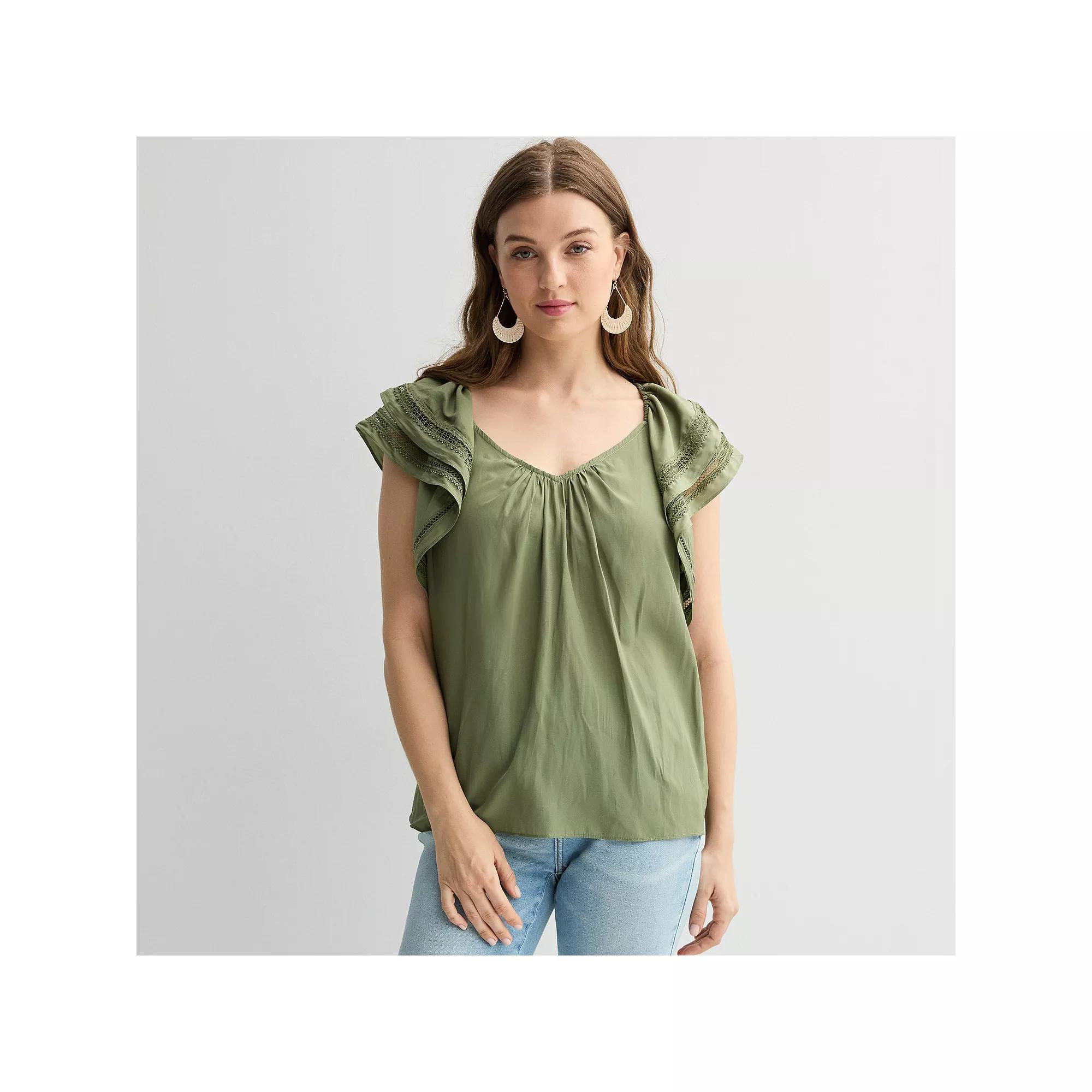 Women's Chelsea & Theodore Ruffle Sleeve Woven Airflow Blouse, Size: Large, Olive Green Product Image