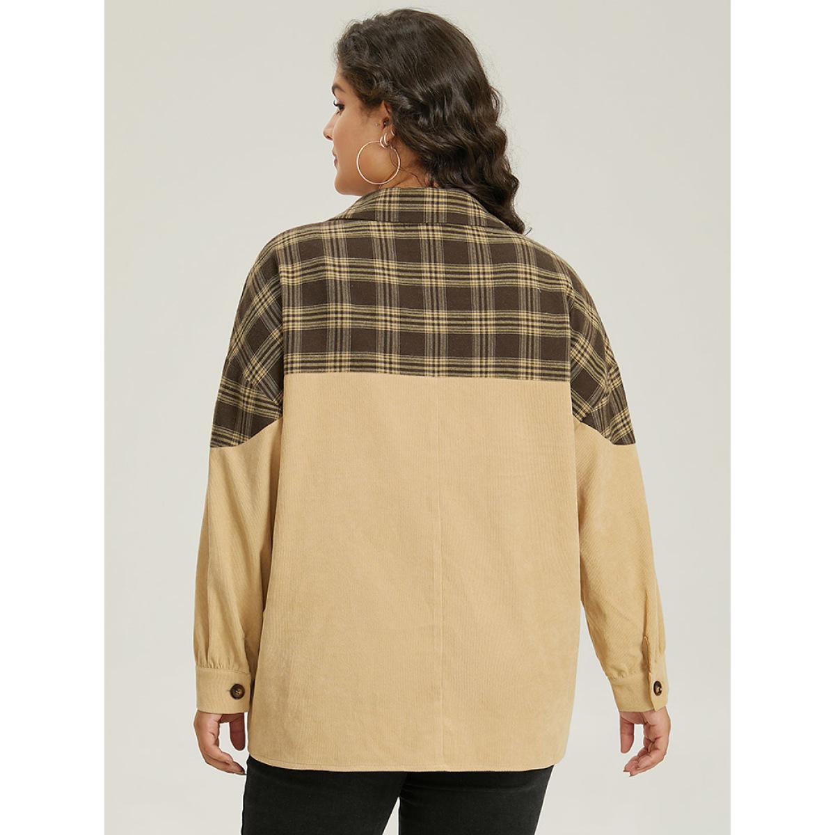 Plus Size Plaid Button Through Patchwork Contrast Jacket Women Tan Contrast Dailywear Jackets BloomChic 10/M Product Image