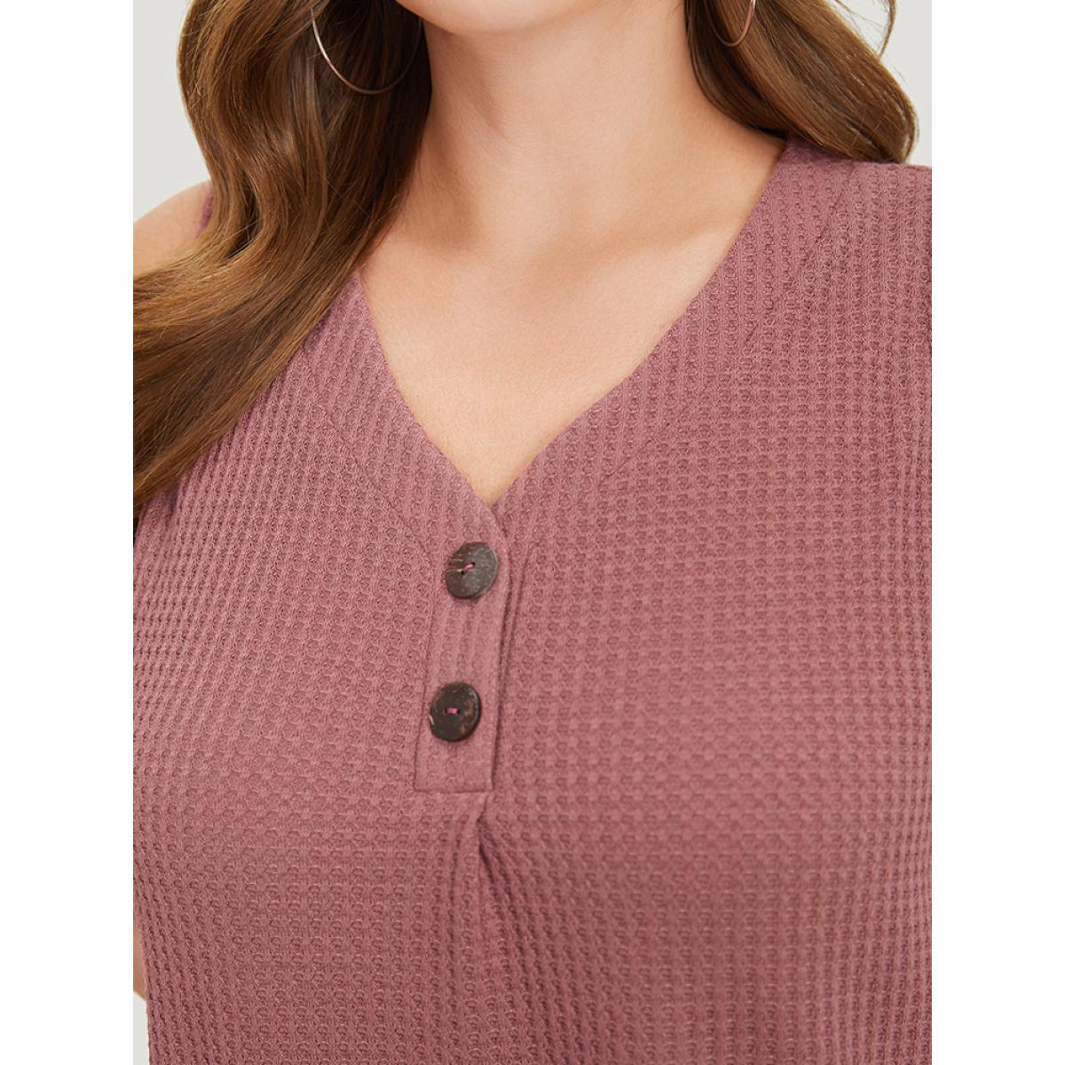 Plus Size Waffle Knit Button Detail Plicated Detail Tank Top Women DustyPink Casual V-neck Dailywear Tank Tops Camis BloomChic 10/M Product Image