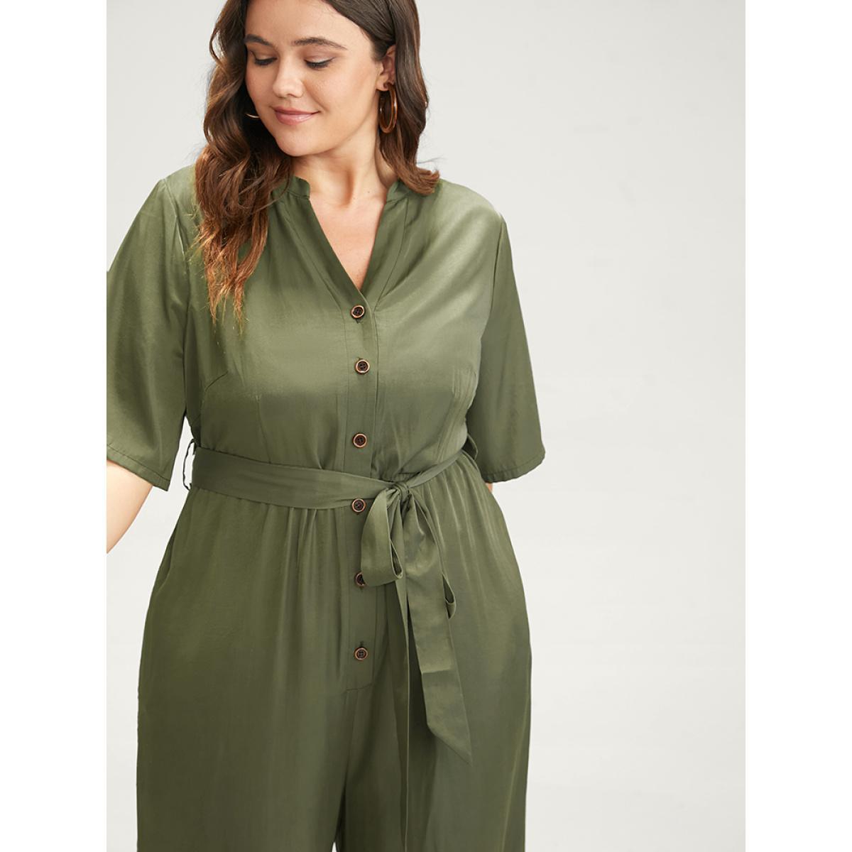 Plus Size ArmyGreen Solid Pocket Button Belted Jumpsuit Women Office Half Sleeve Stand-up collar Work Loose Jumpsuits BloomChic 28/5X Product Image