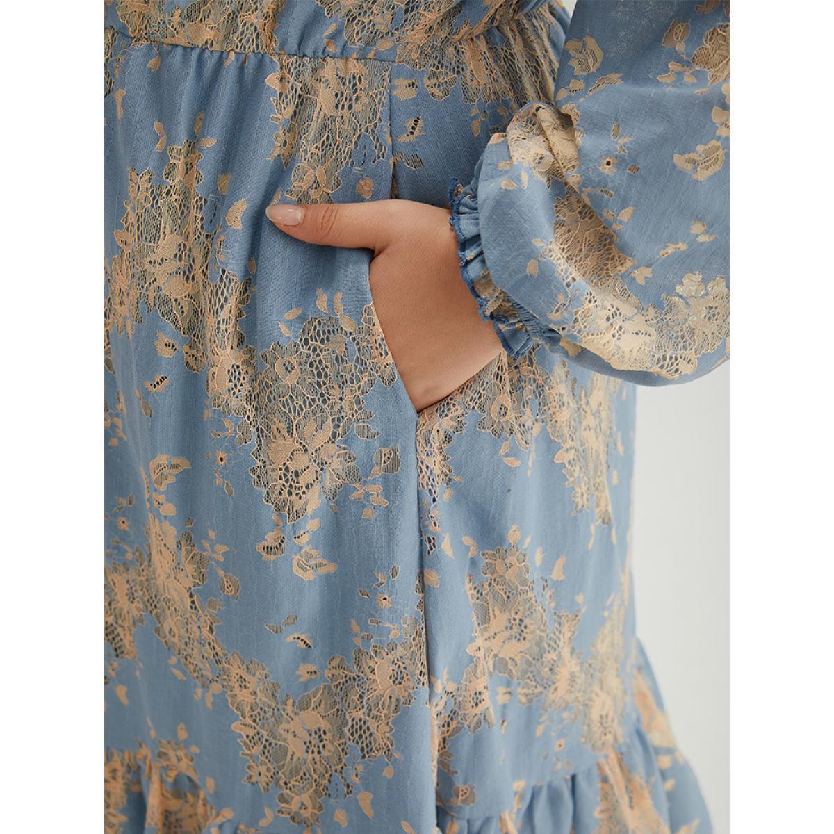 Plus Size Contrast Lace Panel Frill Trim Lantern Sleeve Dress Aegean Women Vacation Elastic cuffs Square Neck Long Sleeve Curvy Midi Dress BloomChic 28/5X Product Image