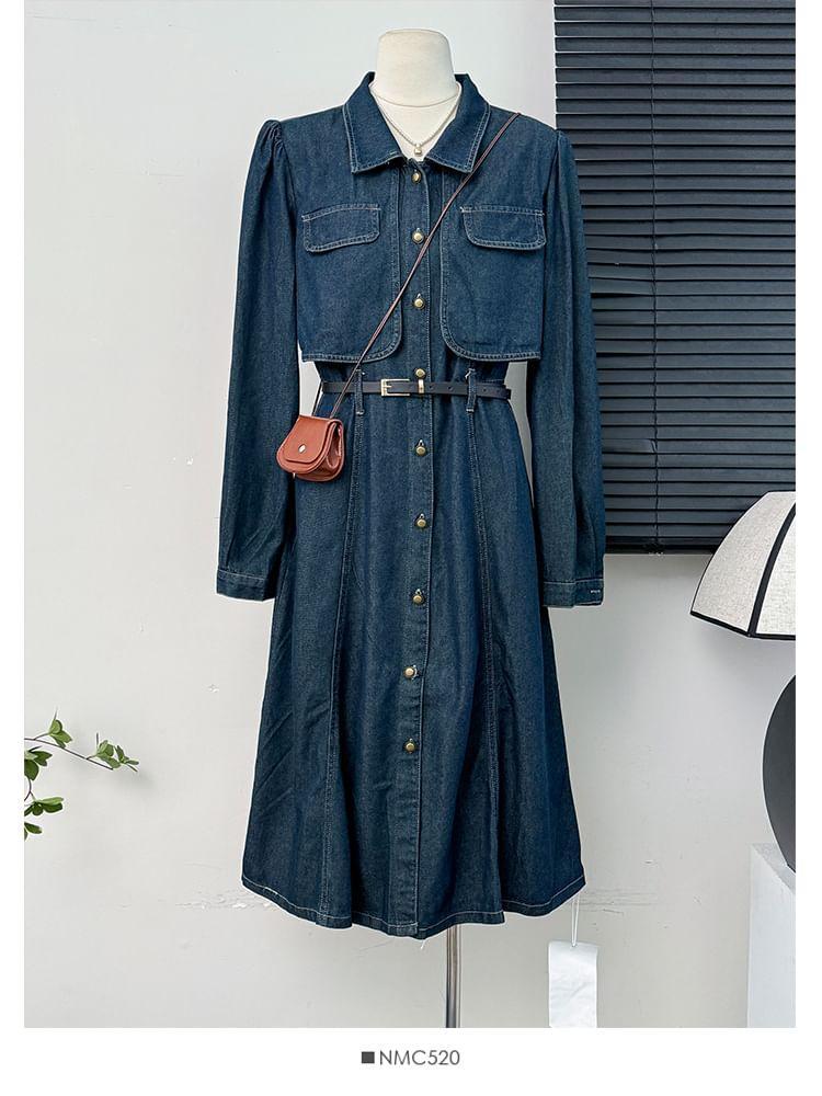 Puff-Sleeve Mock Two-Piece Denim Midi Shirtdress With Belt Product Image