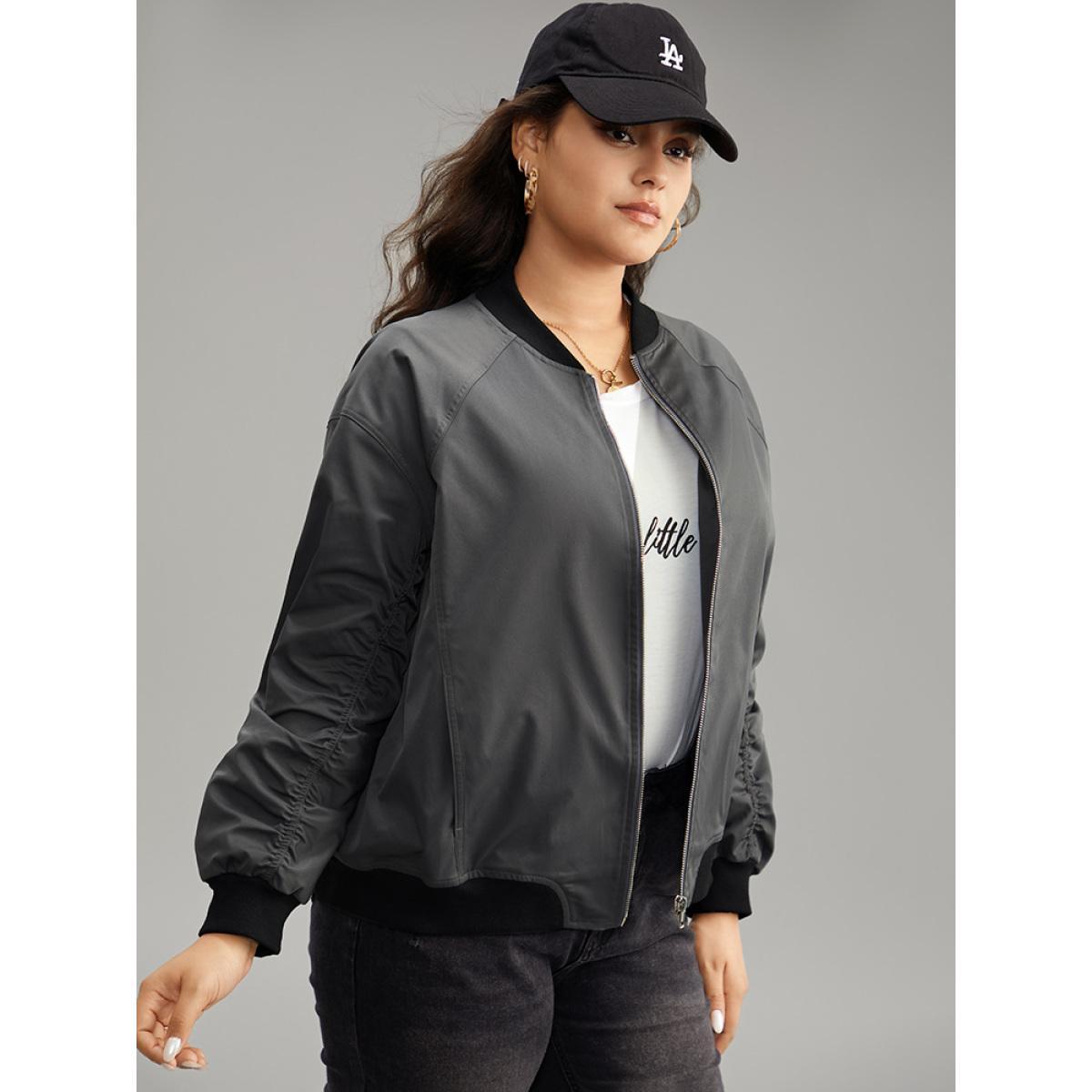 Plus Size Plain Pocket Patchwork Zipper Bomber Jacket Women DimGray Elastic cuffs Pocket Everyday Jackets BloomChic 14-16/1X Product Image