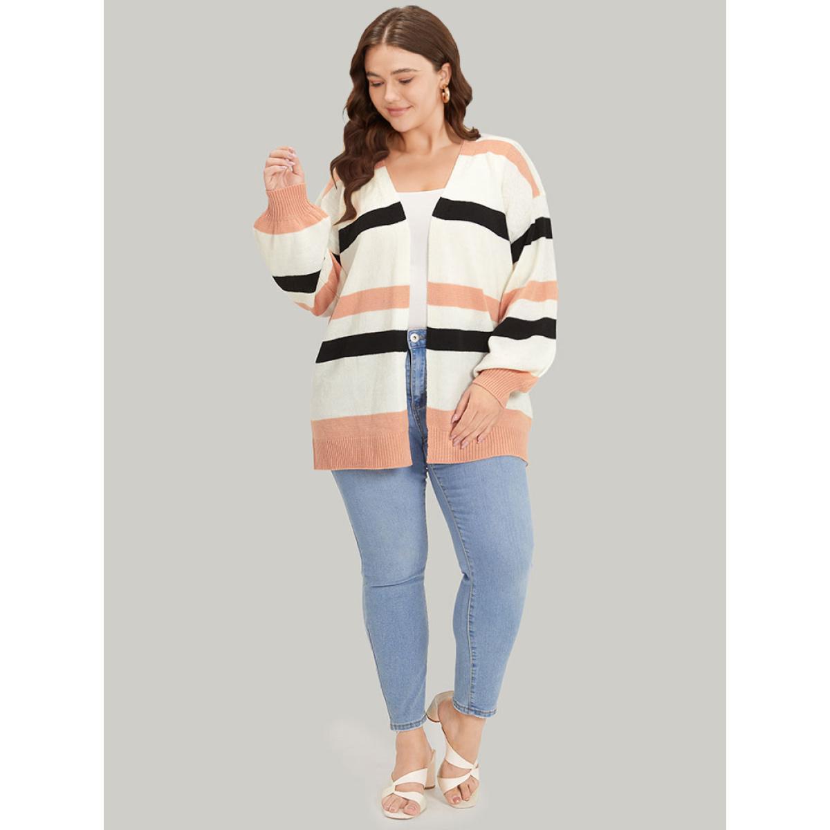 Plus Size Colorblock Contrast Elastic Cuffs Open Front Cardigan Multicolor Women Casual Loose Long Sleeve Dailywear Cardigans BloomChic 18-20/2X Product Image